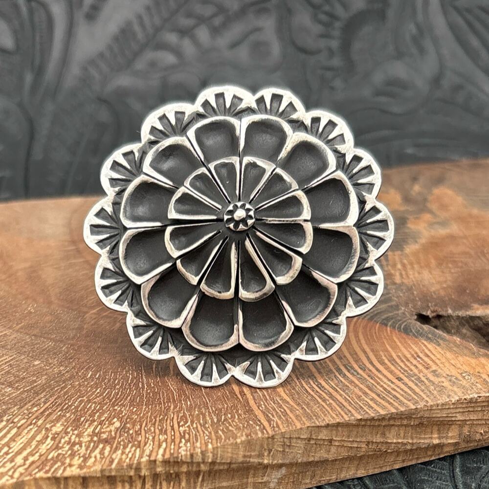 LEANDER TAHE Navajo Sterling Silver 3-D Flower Ring With Wide Adjustable Band